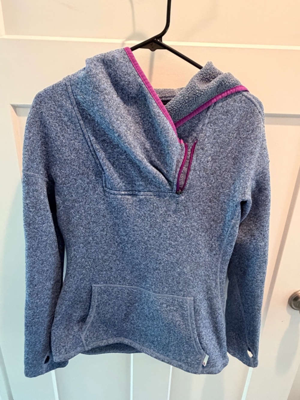 Stio Heathered Blue Pullover Hoodie with Pink Trim